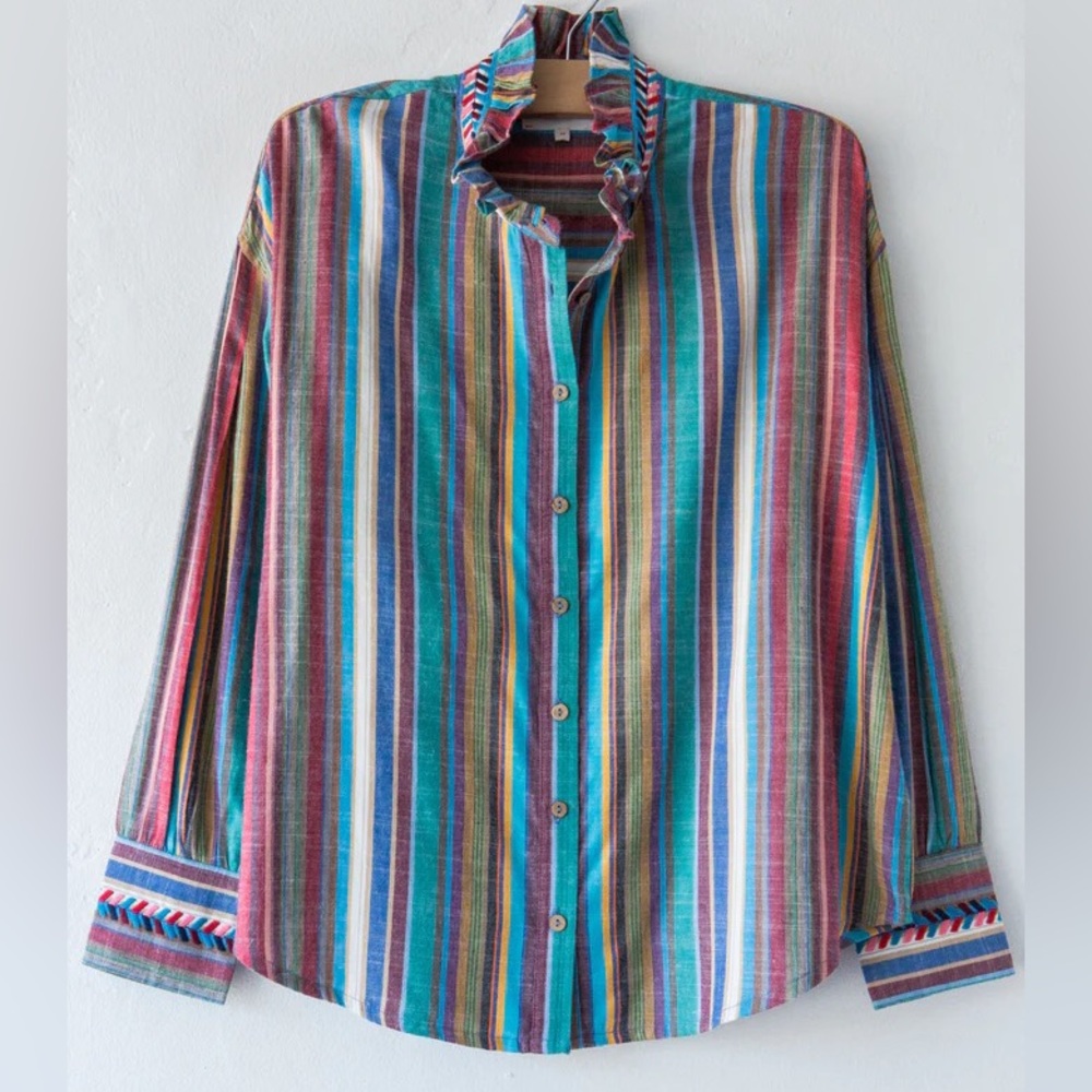 Xirena Jensen Shirt Top in color "Painted Sunset" With Embroidered Ruffle Collar